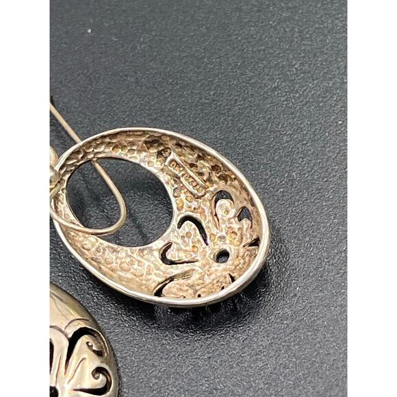 STERLING Vintage Sterling Oval Shape Cut Out Floral Work Dangle Earrings - Picture 8 of 8